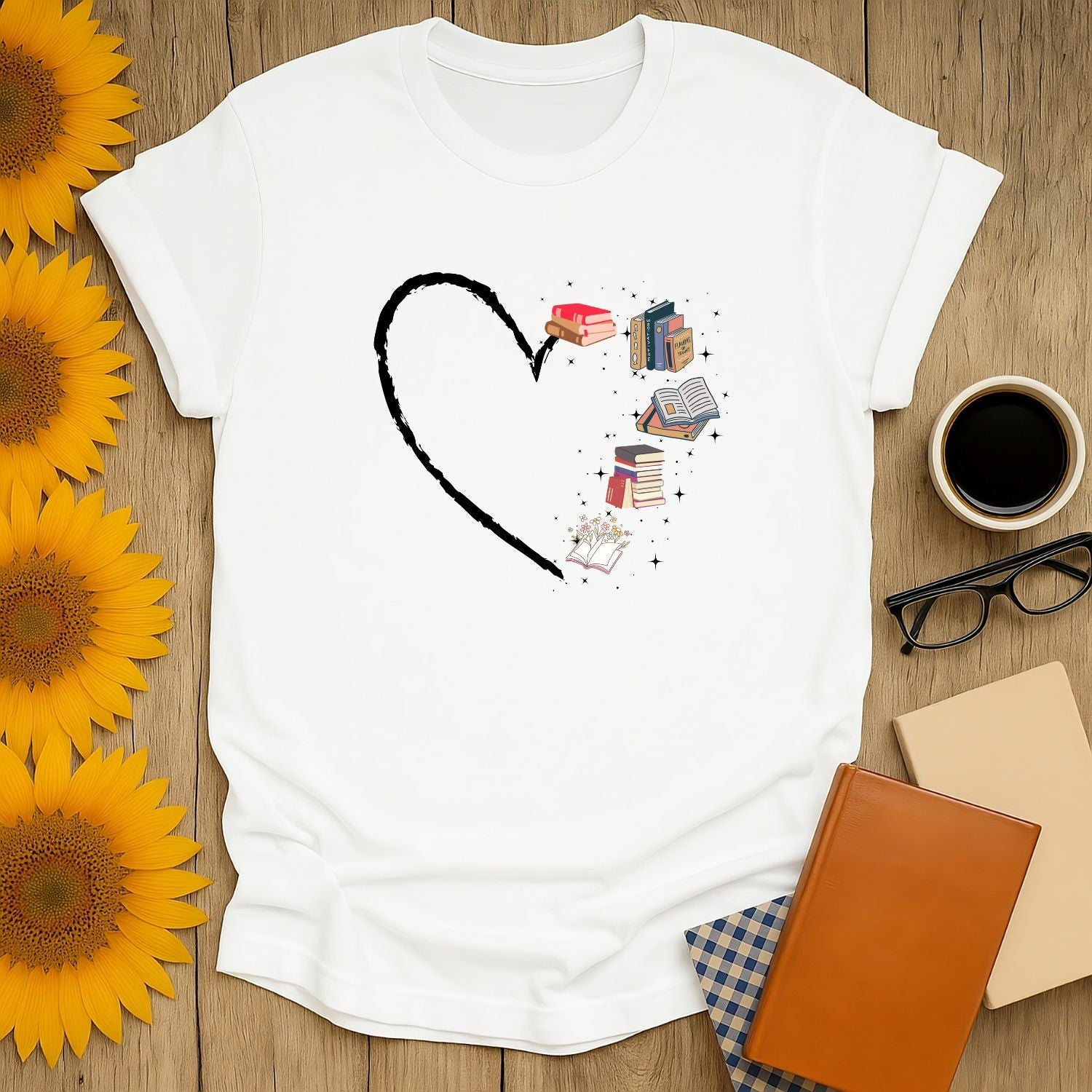 Bookish Heart T-Shirt featuring books inside a heart outline, perfect gift for book lovers who cherish cozy reads with coffee or tea.