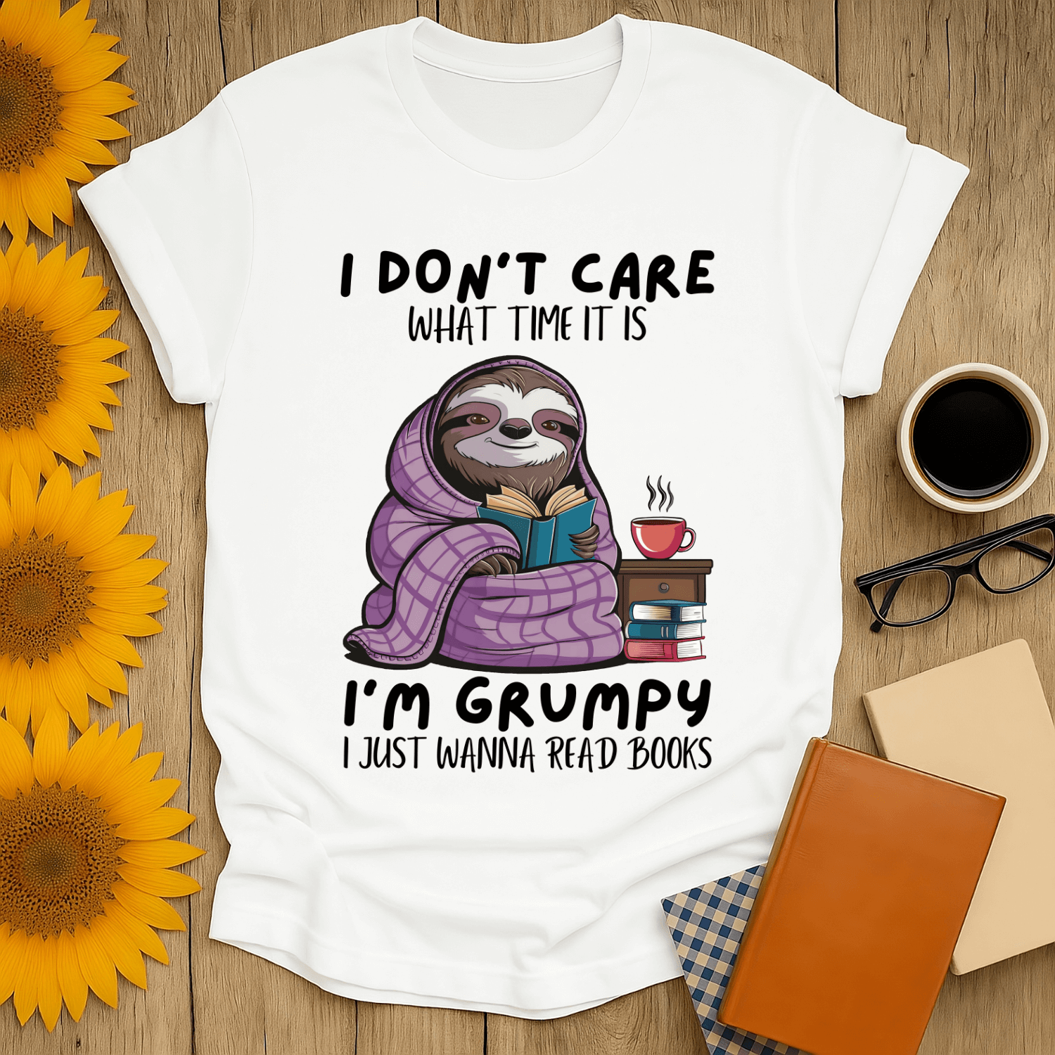 Grumpy sloth book lover t-shirt designed for comfort, perfect for readers who love quirky designs.