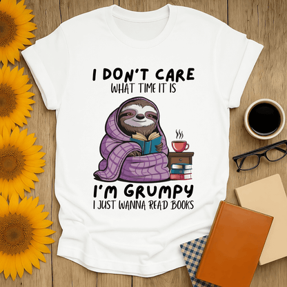 Grumpy sloth book lover t-shirt designed for comfort, perfect for readers who love quirky designs.
