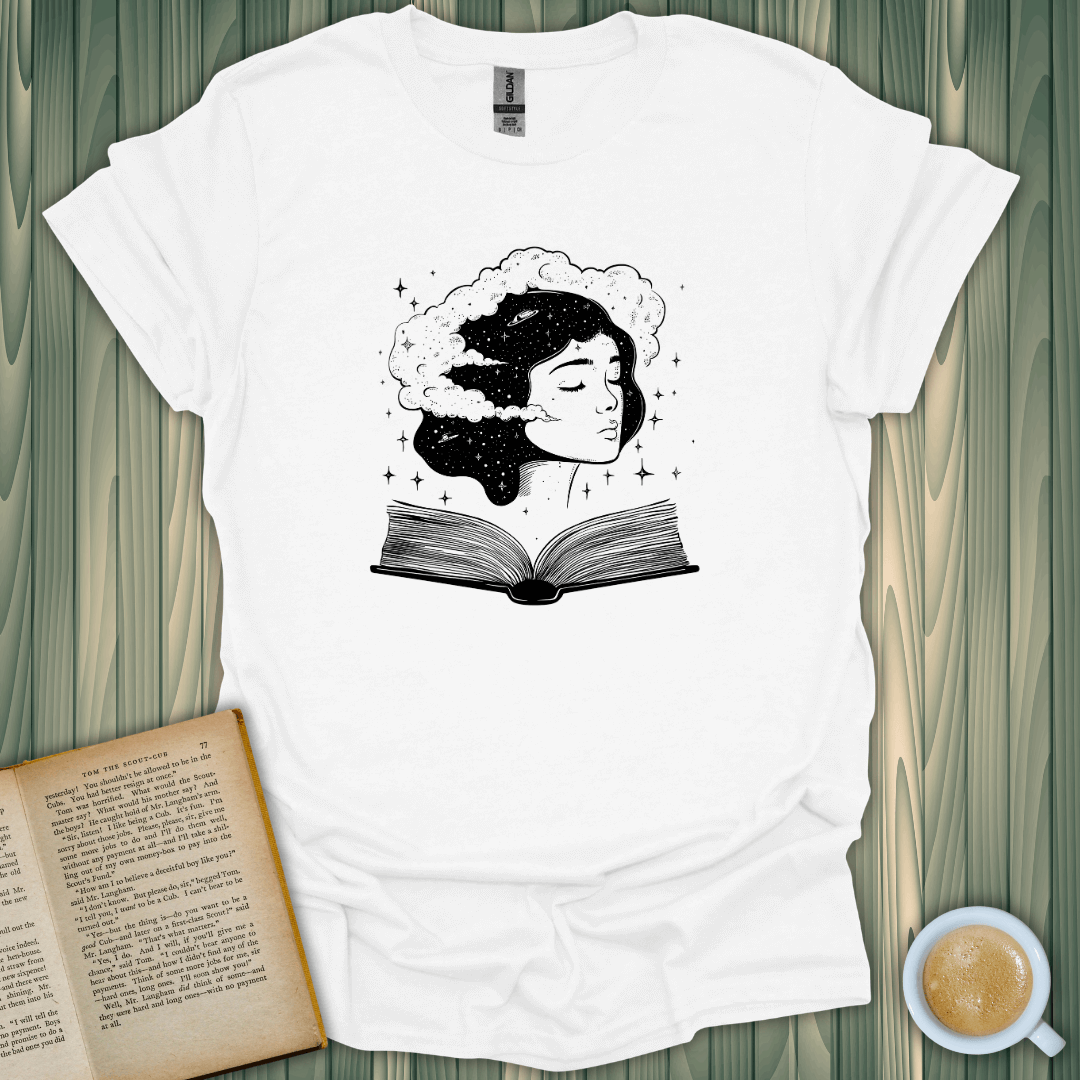 Universal Consciousness T-Shirt featuring a woman with book and stars design, perfect for book lovers.