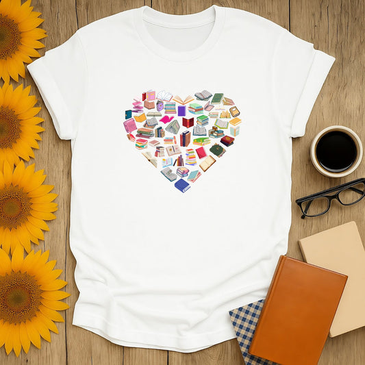 Heart of Books T-Shirt displaying a heart-shaped design made of colorful books, perfect for book lovers.