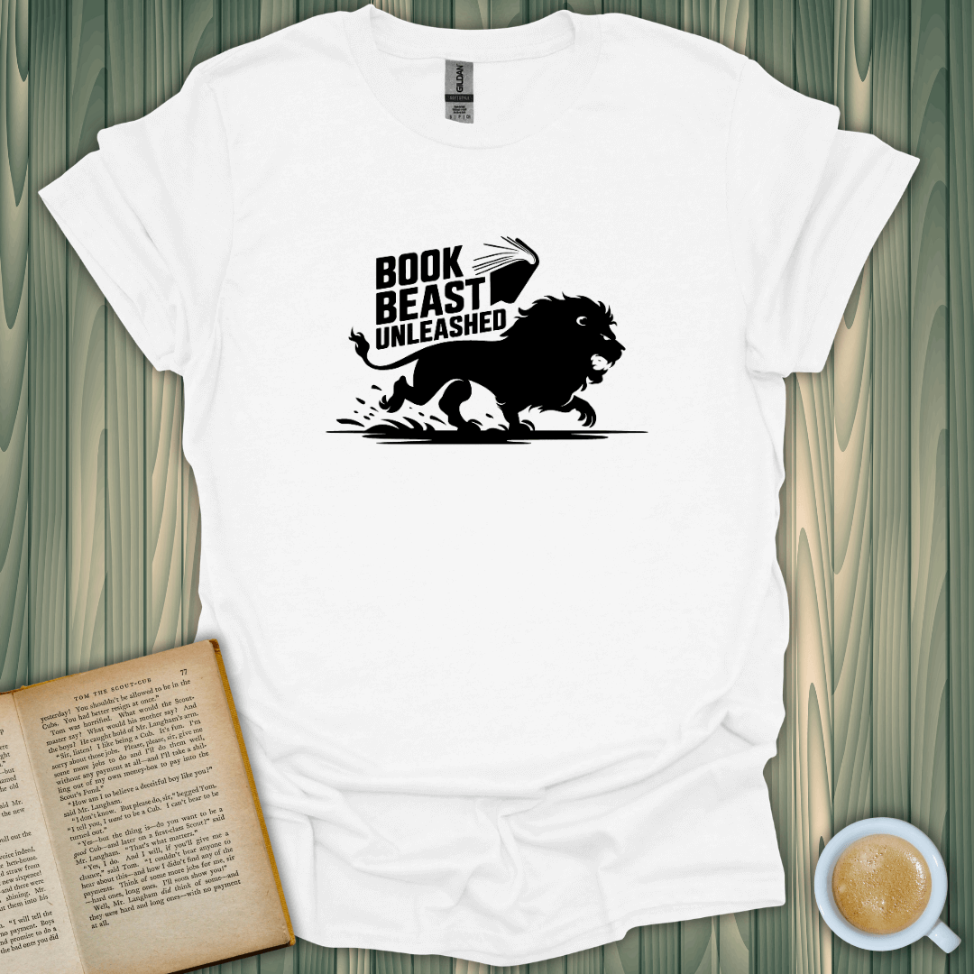 Book Beast Unleashed T-Shirt for book lovers, featuring a lion graphic on soft, breathable cotton fabric.