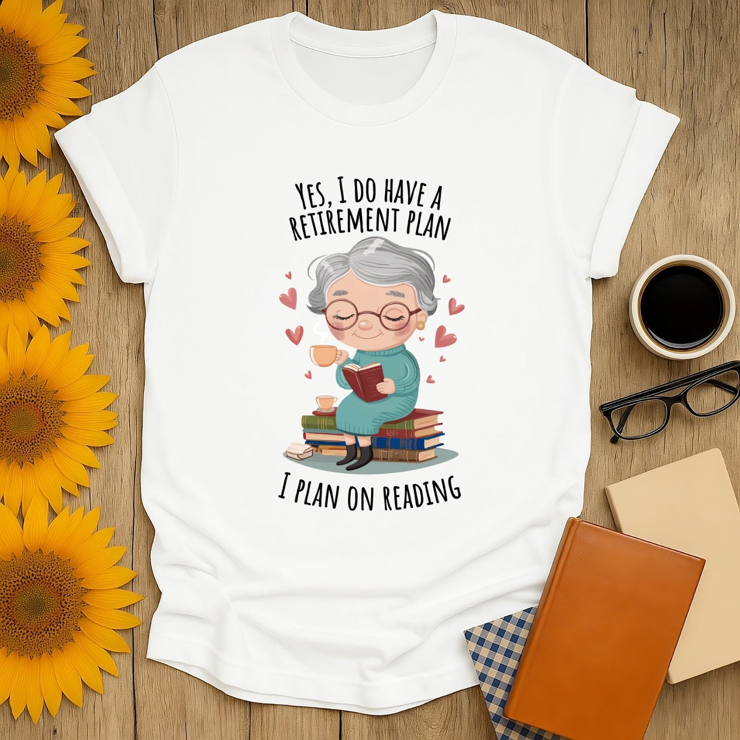 Funny retirement reading plan t-shirt for book lovers, featuring a cute grandma reading with coffee and books.