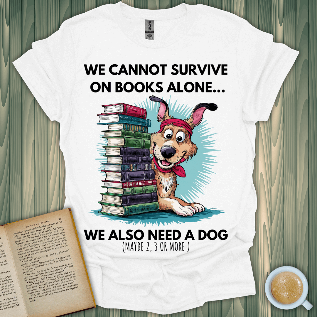 Funny t-shirt for book lovers featuring a dog and stacked books, perfect combo for readers and pet enthusiasts.