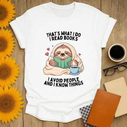 Read, Avoid, Know t-shirt featuring a sloth reading a book, perfect for book lovers and cozy casual wear.