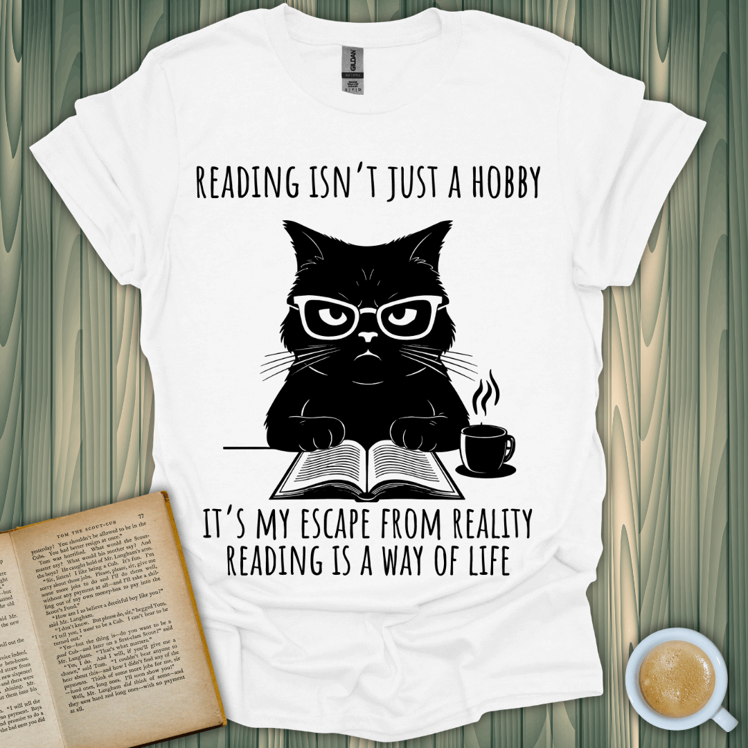 Reading Way of Life T-Shirt featuring a cat graphic, perfect for book lovers. 100% cotton, unisex fit.