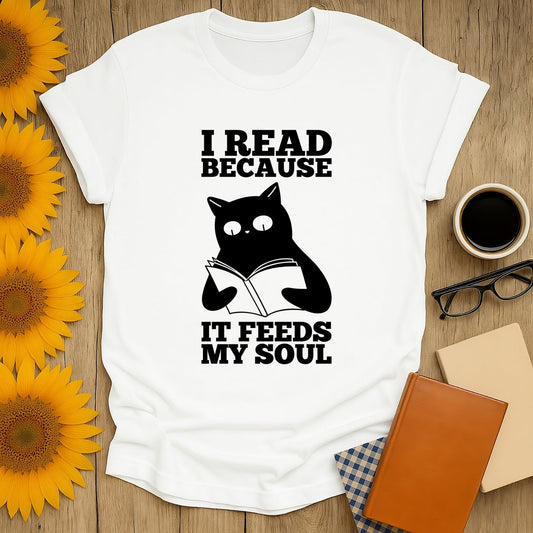 Soul-Fed Reader T-Shirt featuring a cat reading, perfect for book lovers. Soft cotton, unisex fit.
