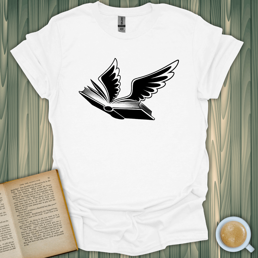 Bird of Hermes T-Shirt for book lovers, featuring a flying book design on a soft white tee, perfect for casual wear.