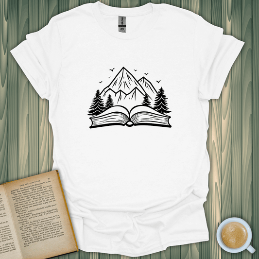 Peaks of Possibility T-Shirt design featuring mountains and an open book, perfect for book lovers.