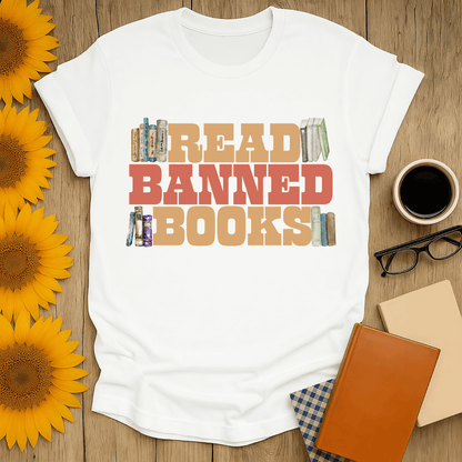 Read Banned Books T-shirt for book lovers, featuring colorful text and book illustrations on a unisex cotton tee.