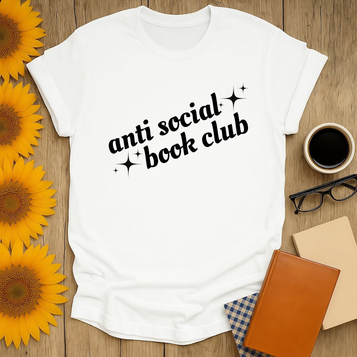 Charming Anti Social Book Club T-Shirt, perfect for cozy readers who enjoy cats, coffee, and witty bookish humor.