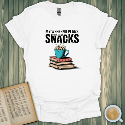 Weekend Vibes T-Shirt featuring snacks and books design, perfect for book lovers. Made of 100% cotton, unisex fit.