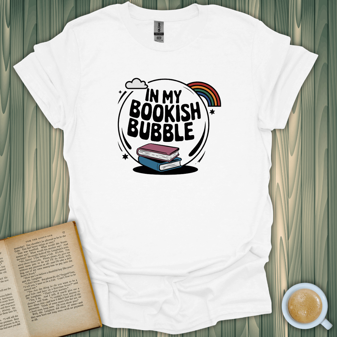 My Bookish Bubble T-Shirt: Unisex fit tee for book lovers, featuring colorful design and soft cotton fabric.