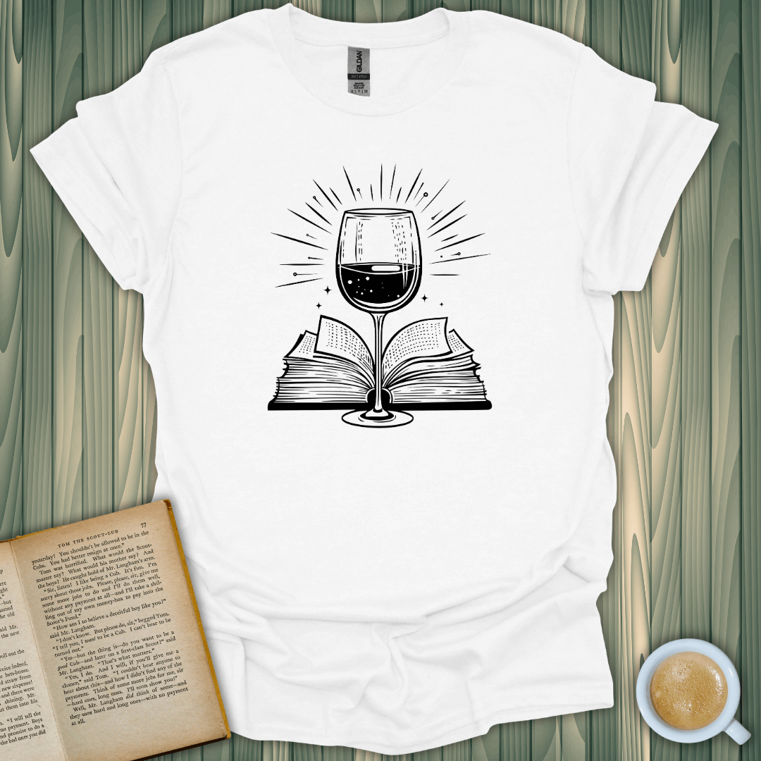 Literary Libations T-Shirt featuring a wine glass and open book design; perfect for book lovers!