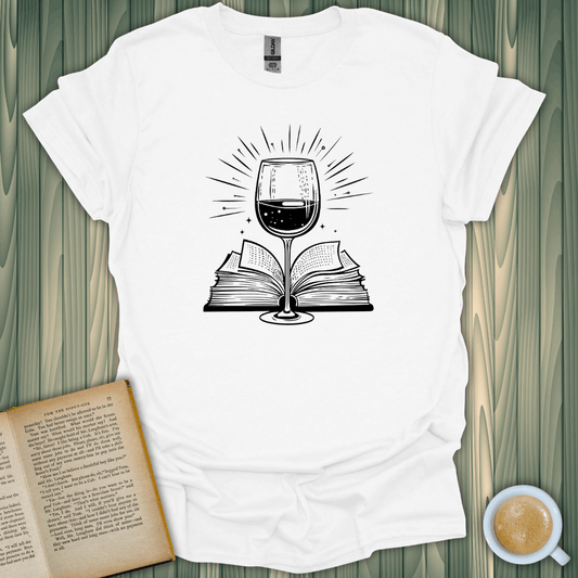 Literary Libations T-Shirt featuring a wine glass and open book design; perfect for book lovers!