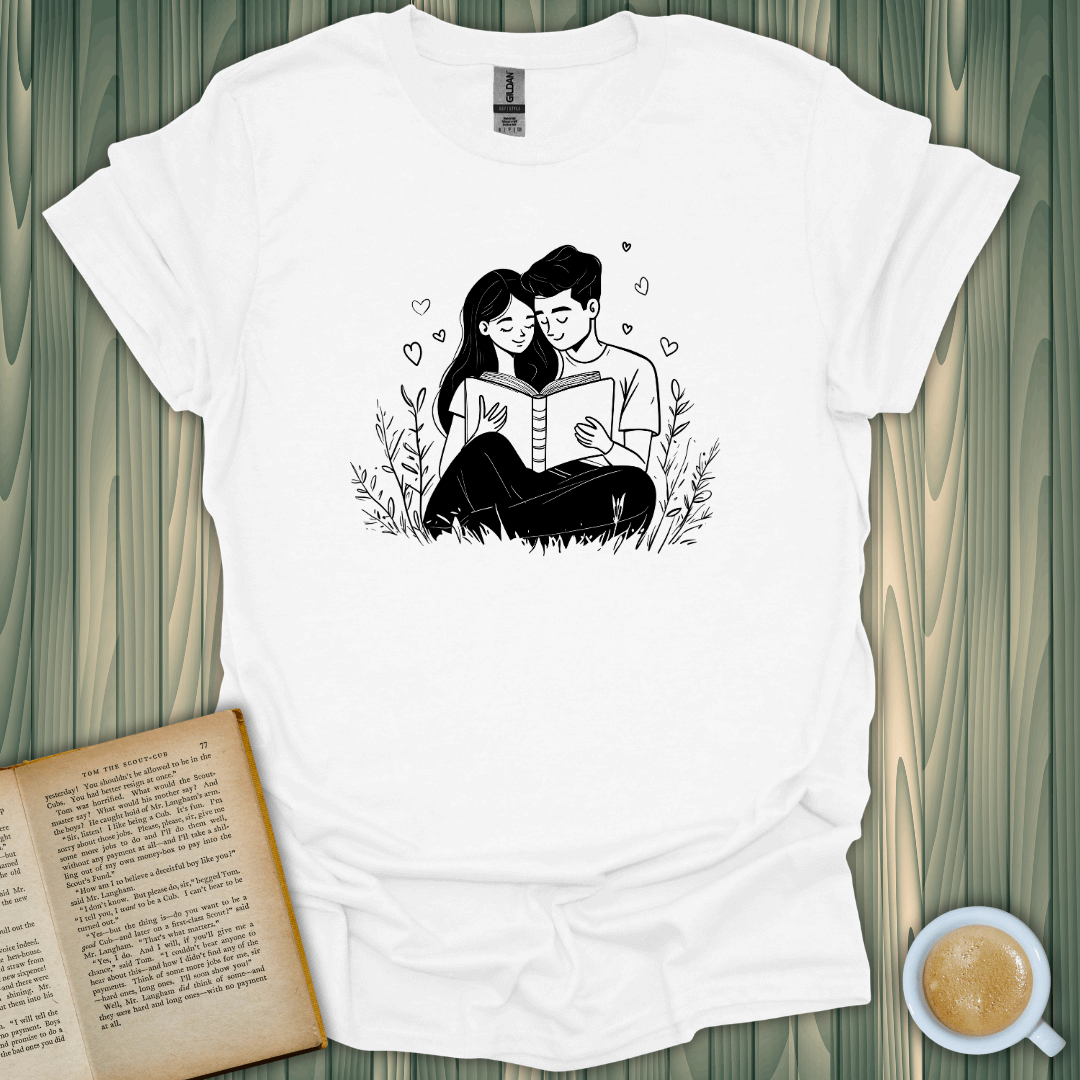 Chapter of Us T-Shirt featuring a cozy couple reading together, perfect for book lovers.