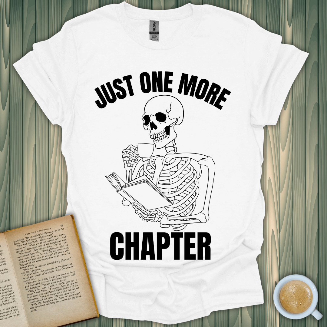 Skeleton Reader T-Shirt for book lovers, featuring a playful design with the text 'Just One More Chapter'.